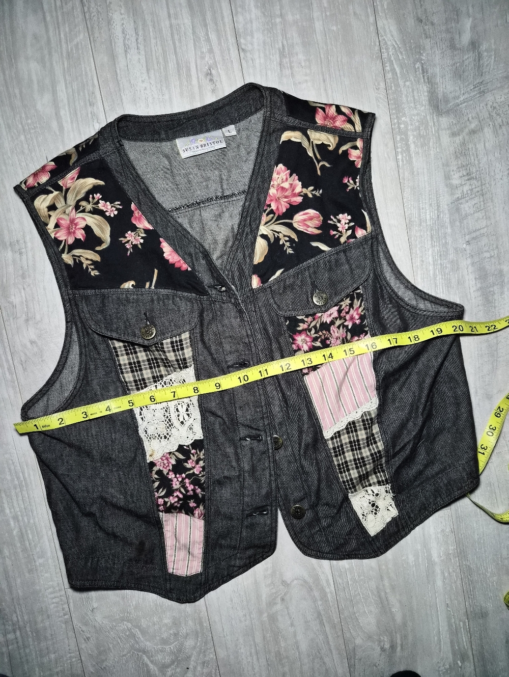 Patchwork Susan Bristol Vintage Vest top button up denim lace floral L Cottagec - Picture 6 of 8